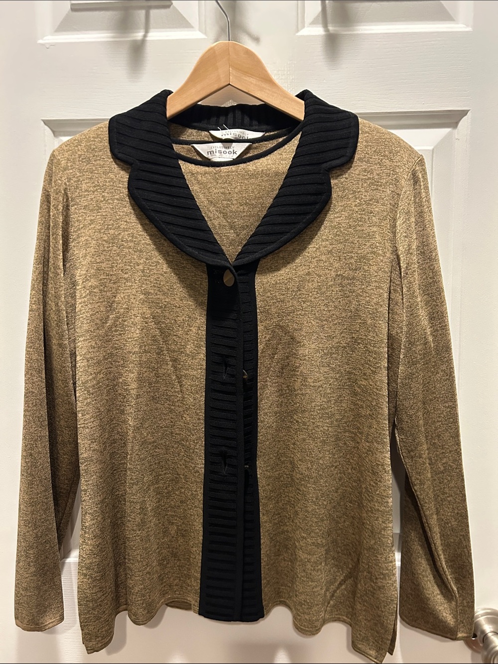Misook Camel Cardigan Set with Black Ribbed Collar